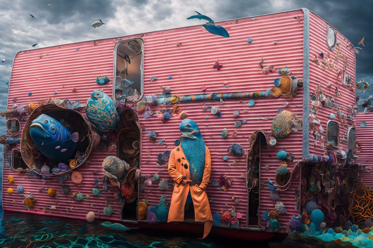 Person in Yellow Coat Next to Pink RV with Marine Life Underwater and Flying Fish in Stormy Sky