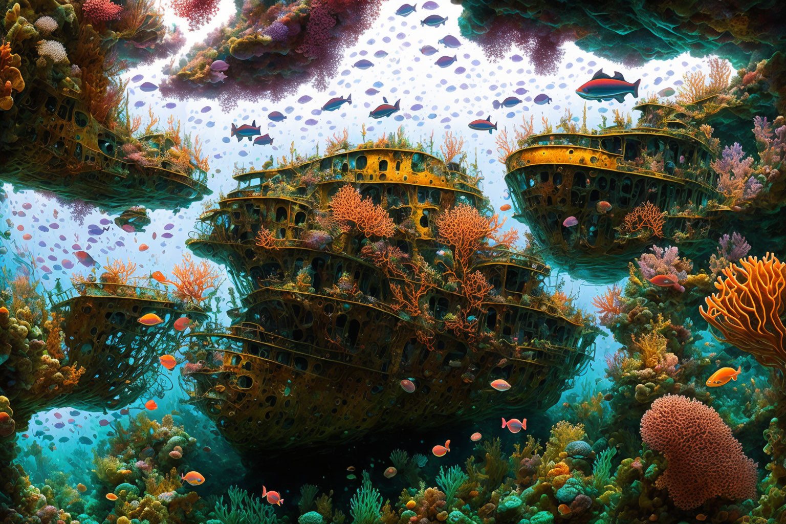 Vibrant Coral Reefs with Sunken Ships and Fish