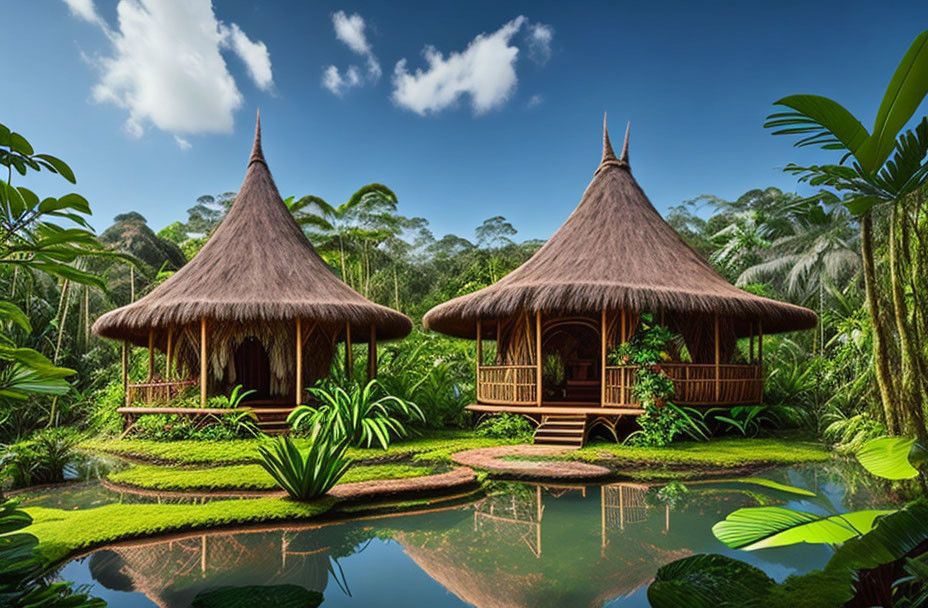 Traditional Thatched Huts on Stilts Amid Tropical Foliage