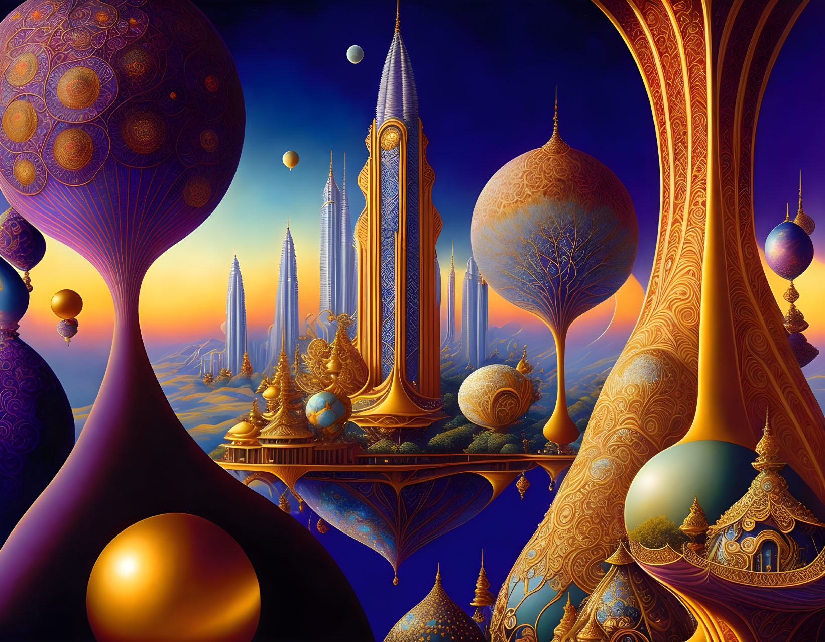 Fantastical landscape with golden towers, floating orbs, intricate trees, and multiple moons