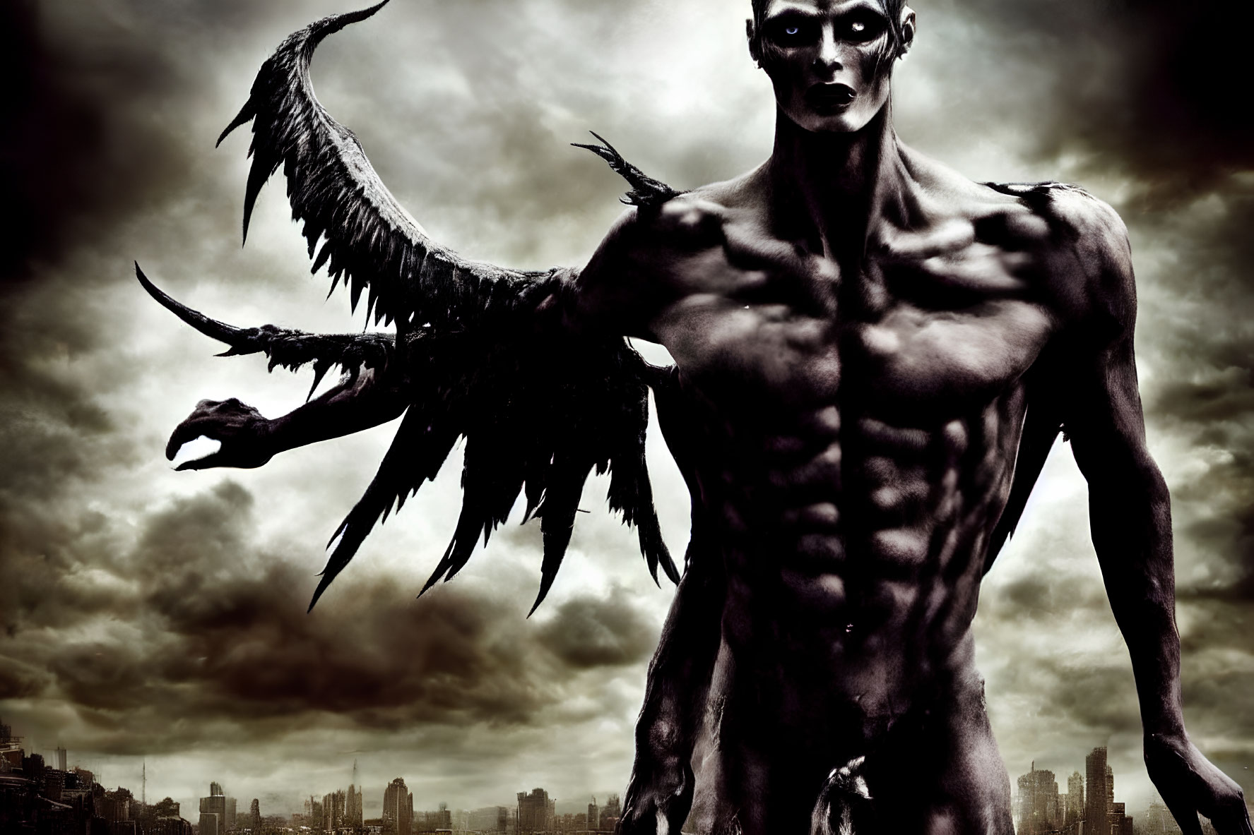 Dark Winged Figure Stands Amid Cloudy Sky and Cityscape