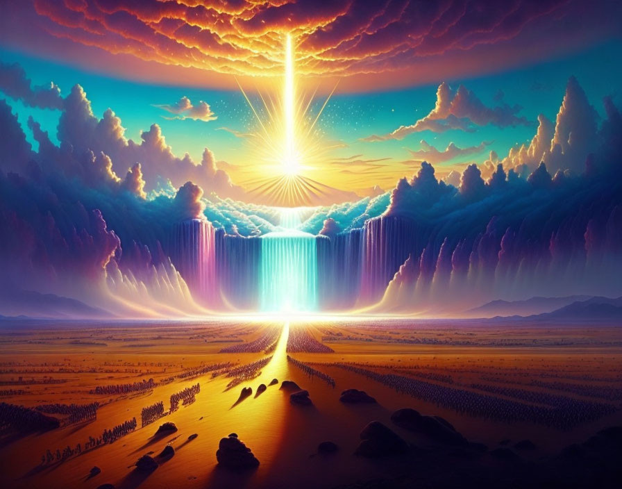 Surreal landscape with sunburst, waterfall, valley, trees