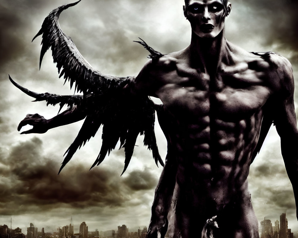 Dark Winged Figure Stands Amid Cloudy Sky and Cityscape