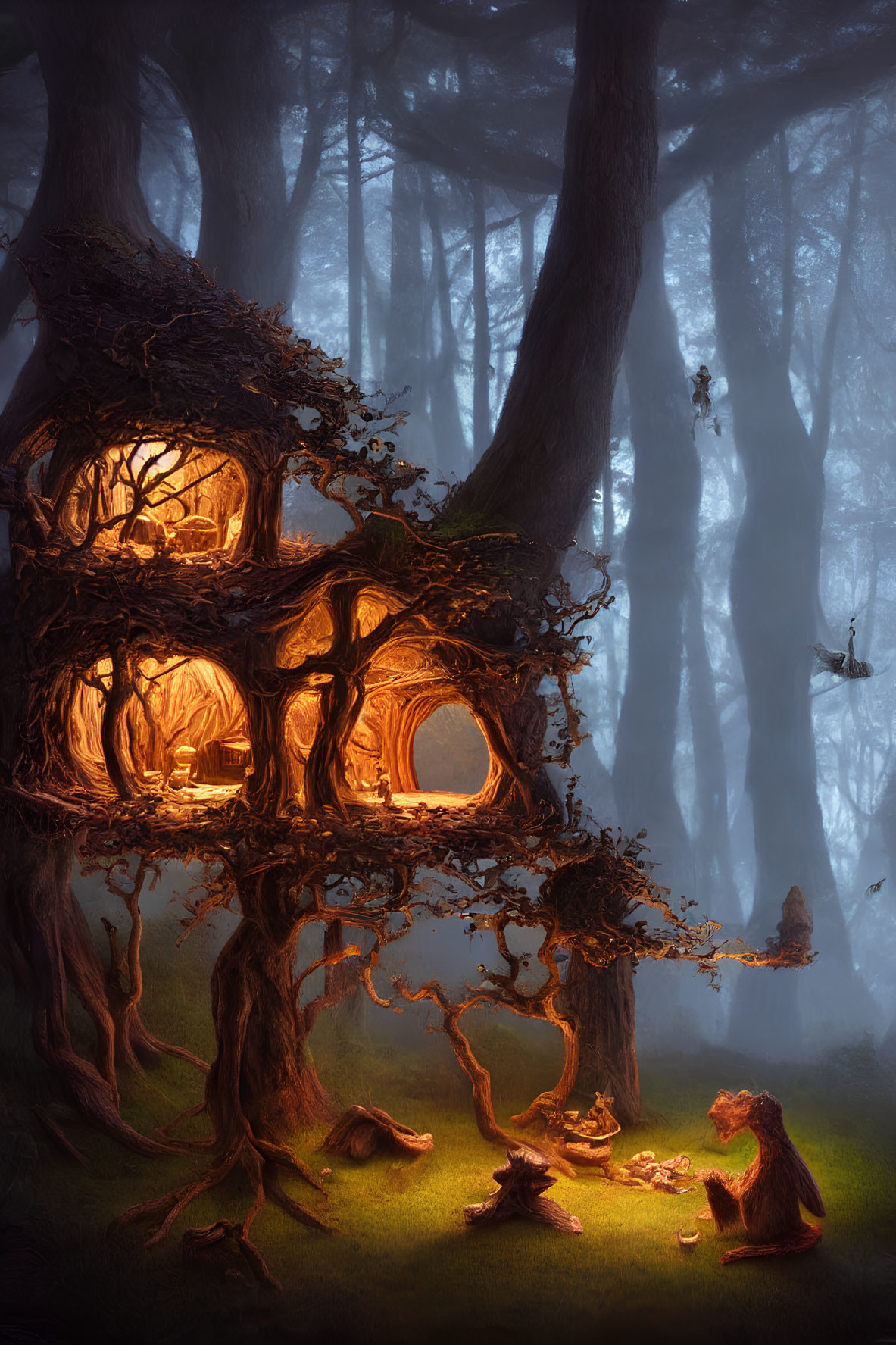 Glowing treehouse in twilight forest with fairy lights and creatures below