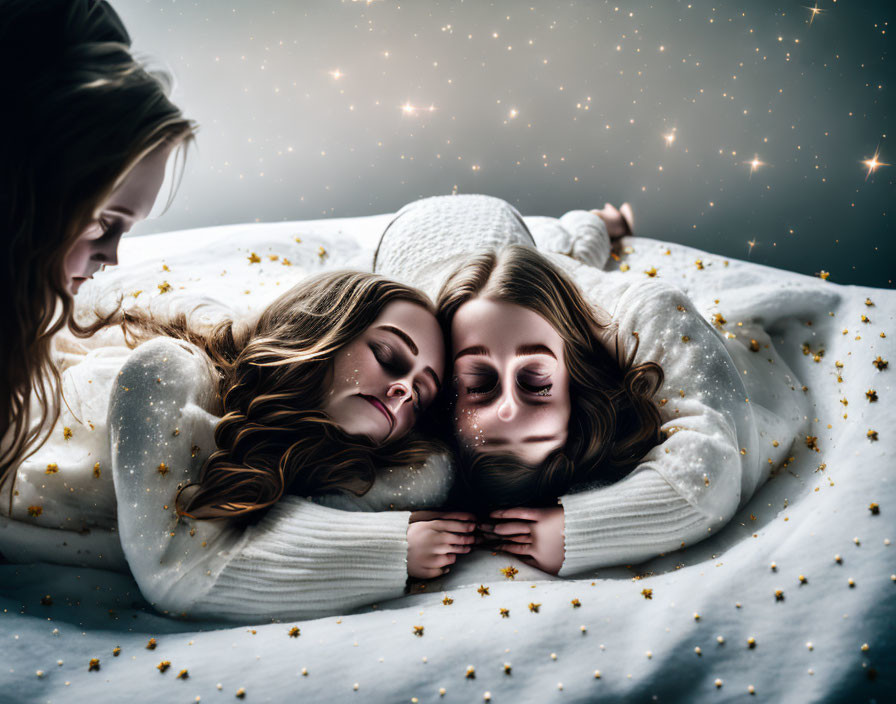 Three people on star-adorned bed under cosmic backdrop