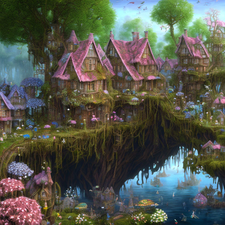 Enchanted Village with Tree-Top Houses and Serene Lake