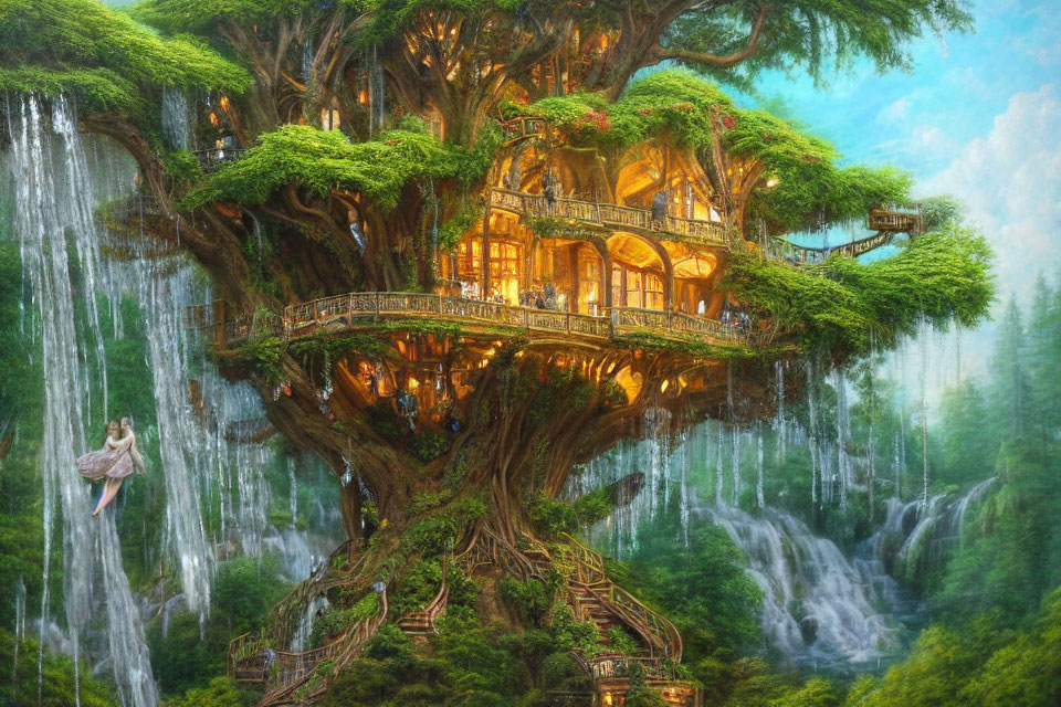 Intricate Wooden Treehouse in Lush Forest with Waterfalls