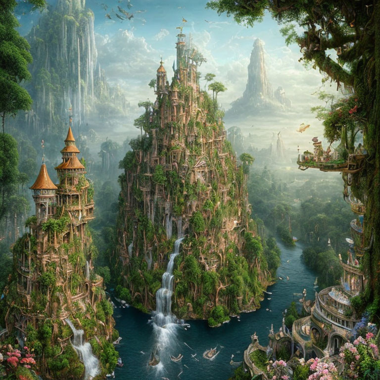 Towering city nestled among lush cliffs with waterfalls, flying ships, exotic wildlife in verdant landscape