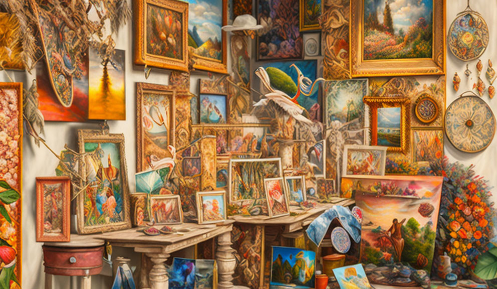 Cluttered art studio with framed paintings, sketches, art supplies, and a flying seagull