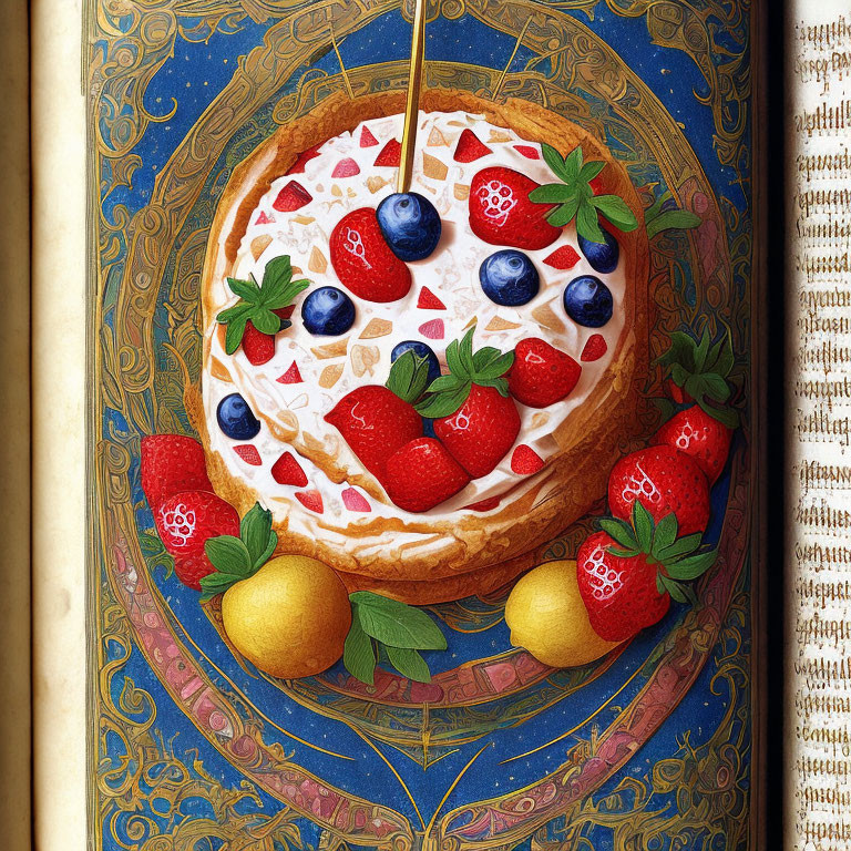 Intricately Illustrated Manuscript Page with Realistic Fruit Tart Drawing