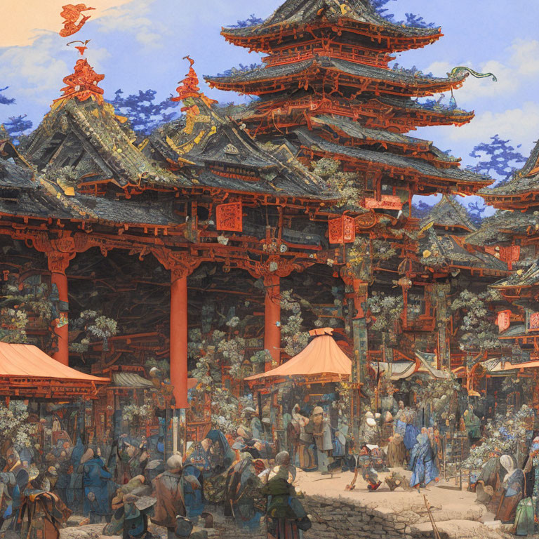 Detailed illustration of vibrant historic Asian market scene