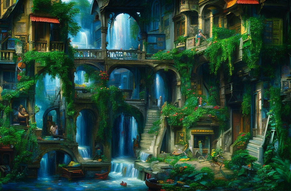 Fantastical lush cityscape with waterfalls, greenery, ancient buildings, arches, and