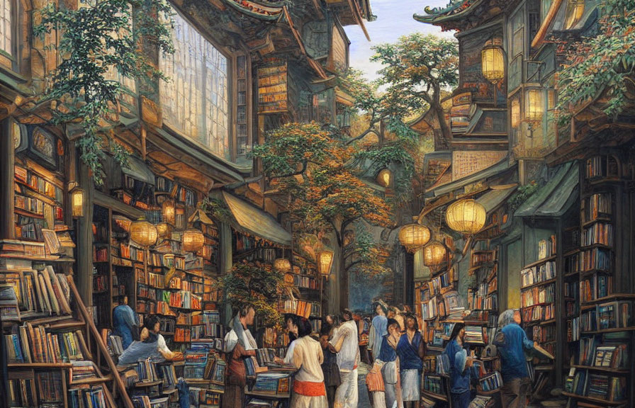 Multi-level bookstore with towering bookshelves and hanging plants.