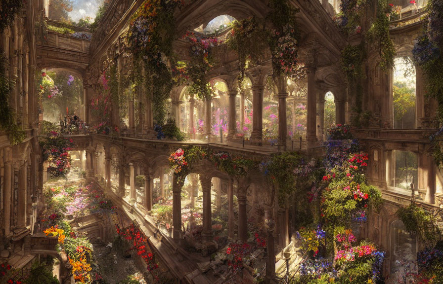 Sunlit grand hall overtaken by colorful flowers and foliage