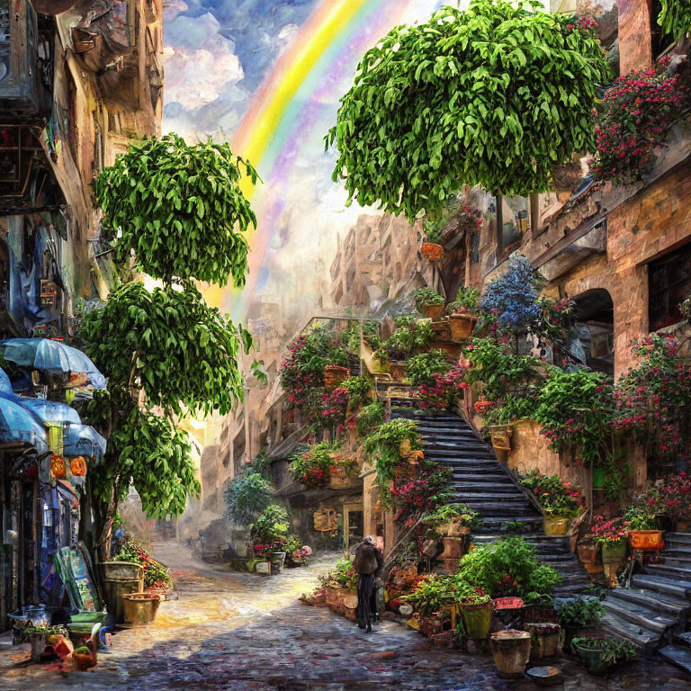 Charming cobblestone alley with lush greenery, vibrant flowers, and a rainbow over old-world