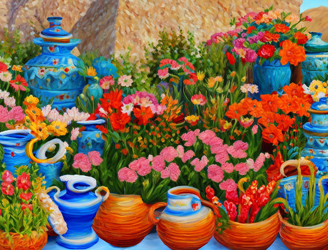 Colorful Flowers and Ceramic Pots in Blue and Terracotta Against Rocky Backdrop