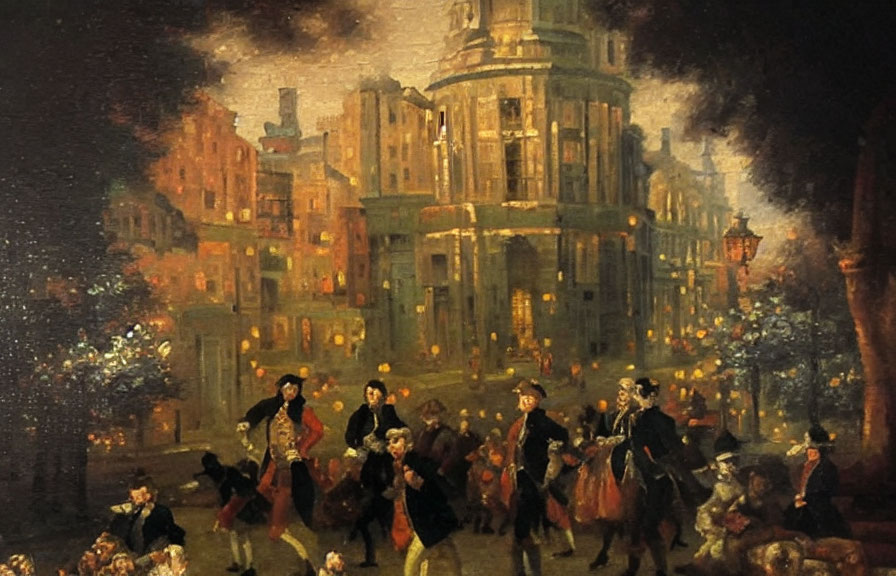 18th-Century Evening Street Scene with People in Classic Attire