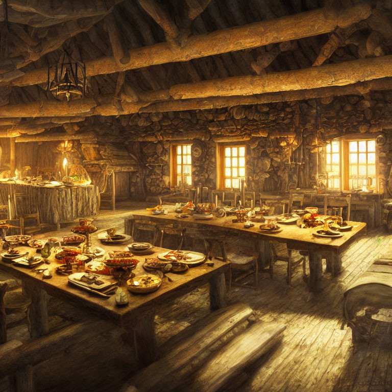 Medieval tavern interior with wooden tables, food, and warm sunlight