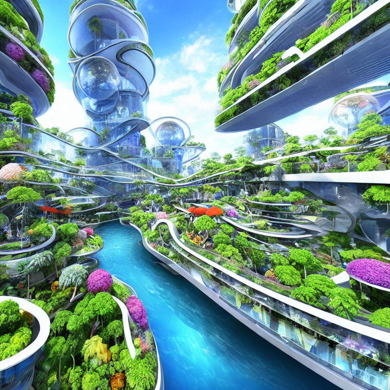 Futuristic cityscape with greenery, waterways, and glass structures