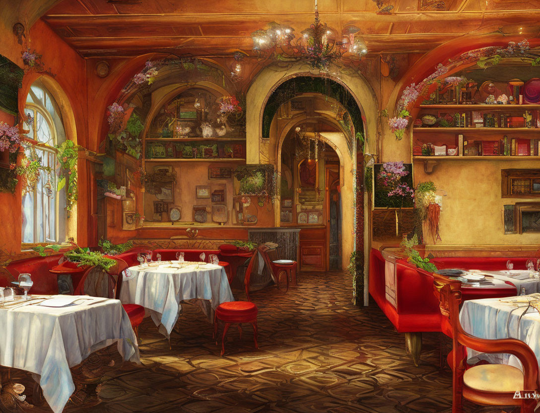 Vintage Restaurant Interior with Red Chairs and Ornate Decor