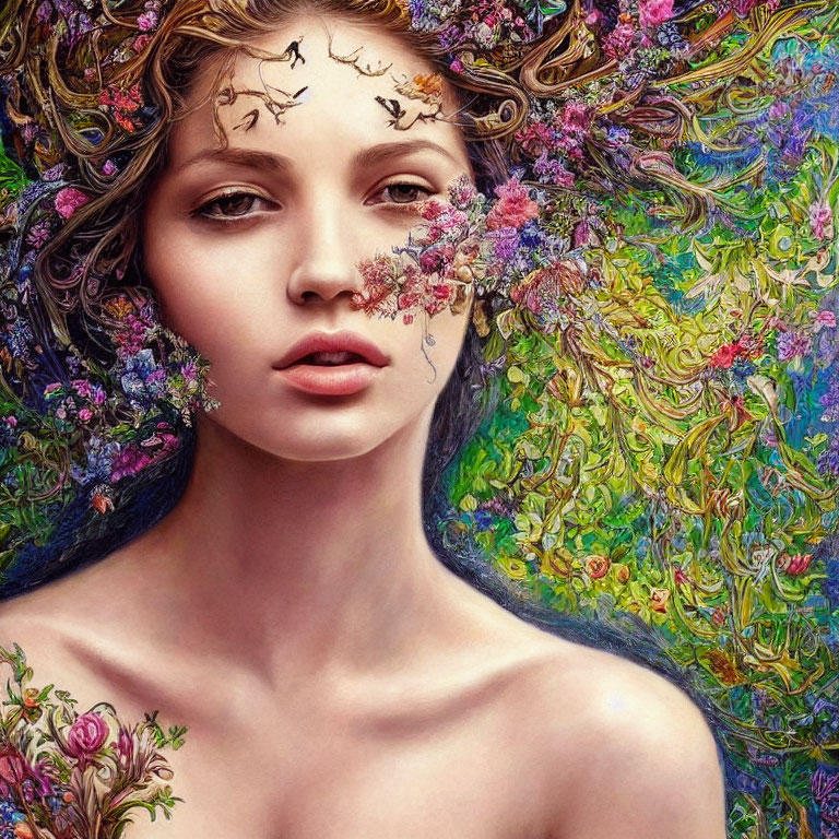 Woman's portrait with floral hair and face arrangements against botanical backdrop