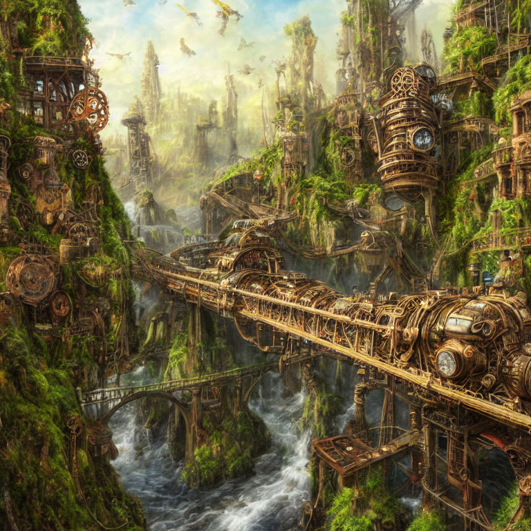 Steampunk city with intricate machinery and lush greenery, gears, pipes, train crossing bridge.