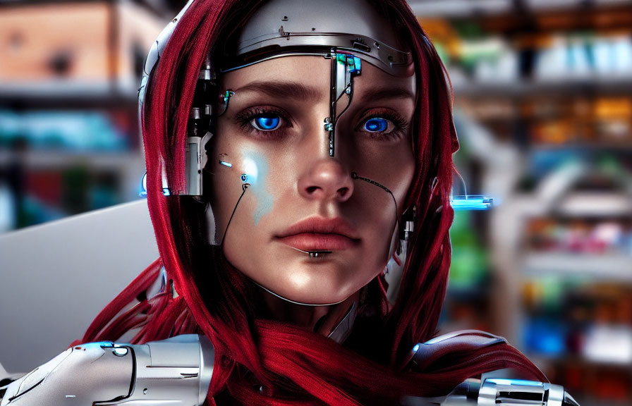 Detailed Female Cyborg Close-Up with Mechanical Face and Blue Eyes