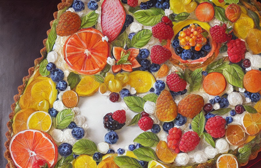 Vibrant Fruit Tart with Citrus, Berries, and Figs on Cream-Filled Cr