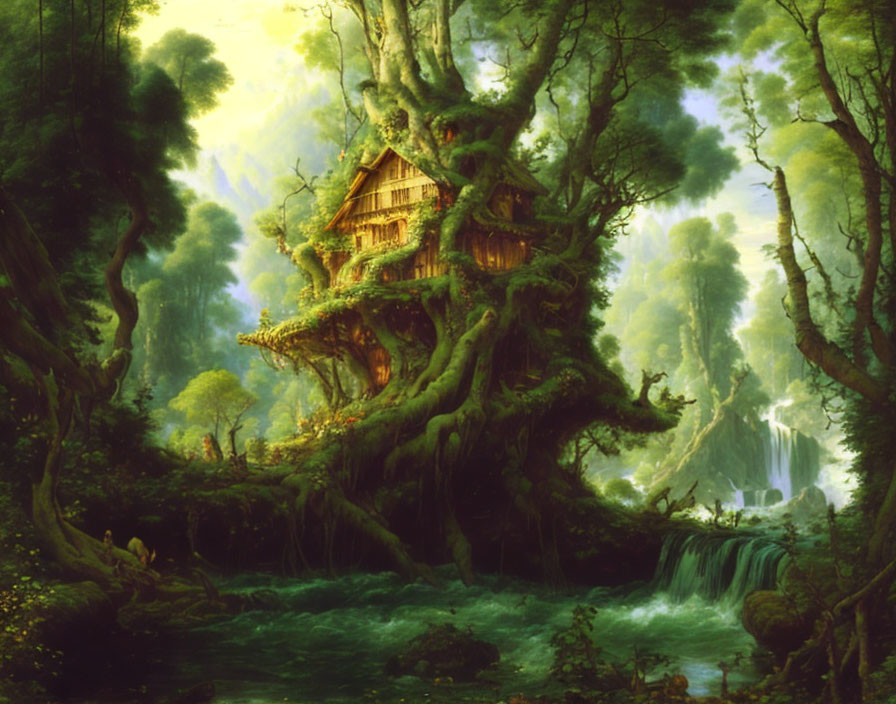 Tranquil forest scene with whimsical treehouse in ancient tree