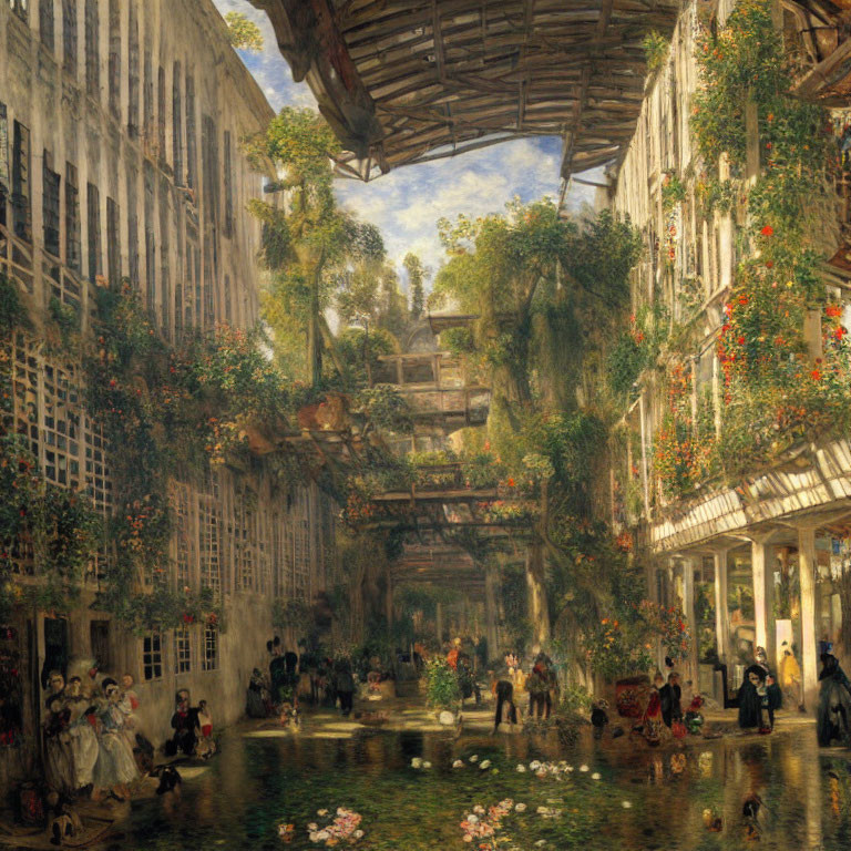 Bustling courtyard scene with overgrown foliage, pond, and people.