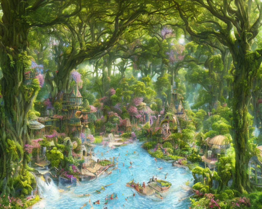 Colorful fantasy landscape with lush greenery, whimsical structures, and serene river.