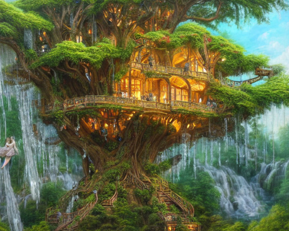 Intricate Wooden Treehouse in Lush Forest with Waterfalls