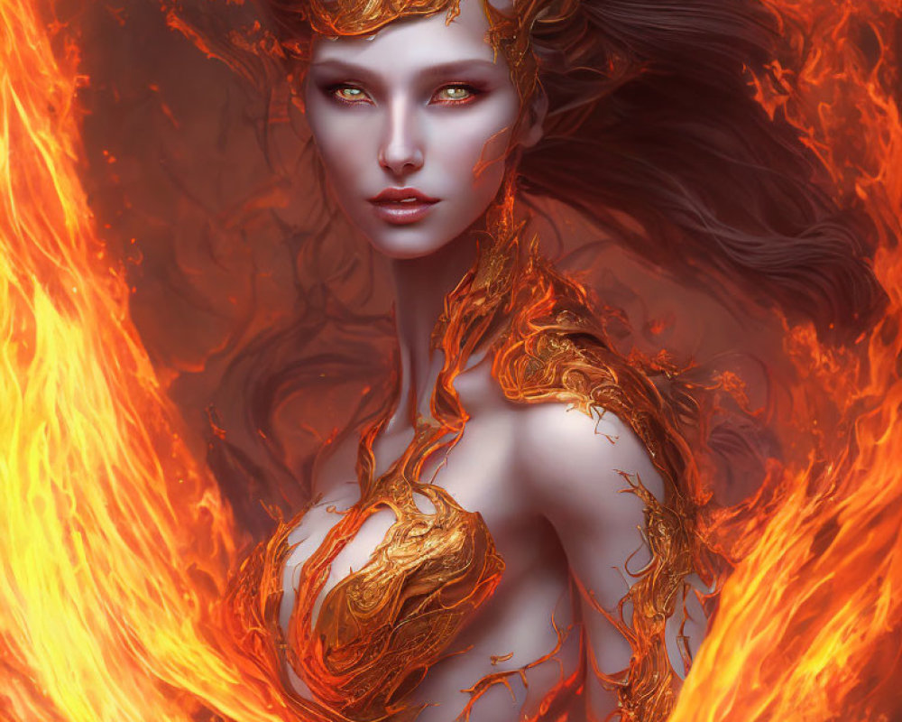 Fantasy illustration of woman with golden flame-like hair and fiery backdrop.