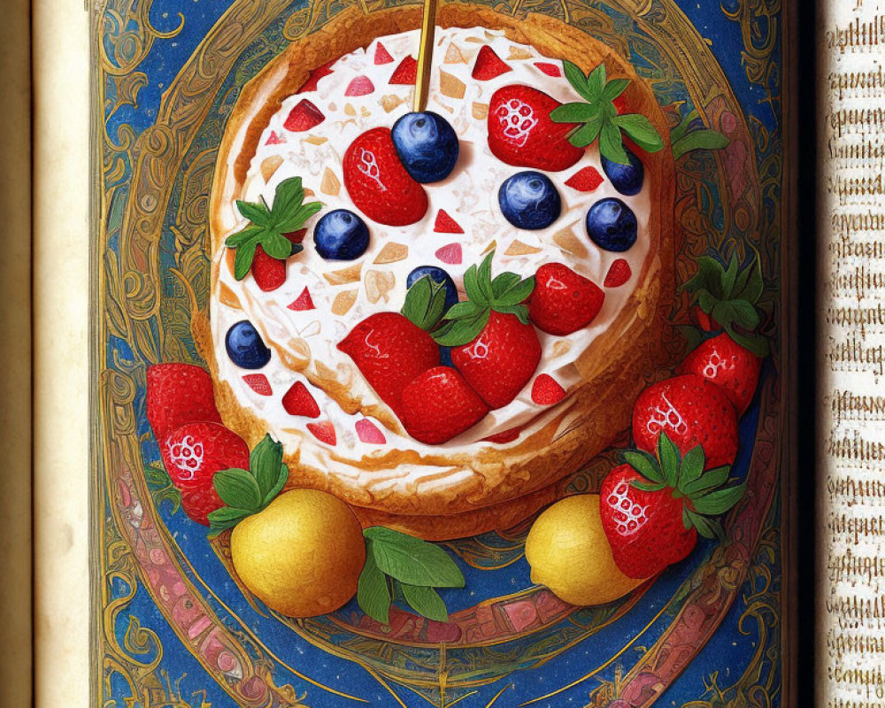 Intricately Illustrated Manuscript Page with Realistic Fruit Tart Drawing
