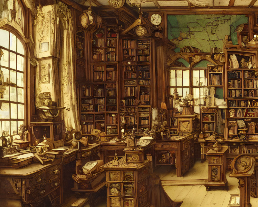 Antique Study Room with Wooden Furniture and Bookshelves