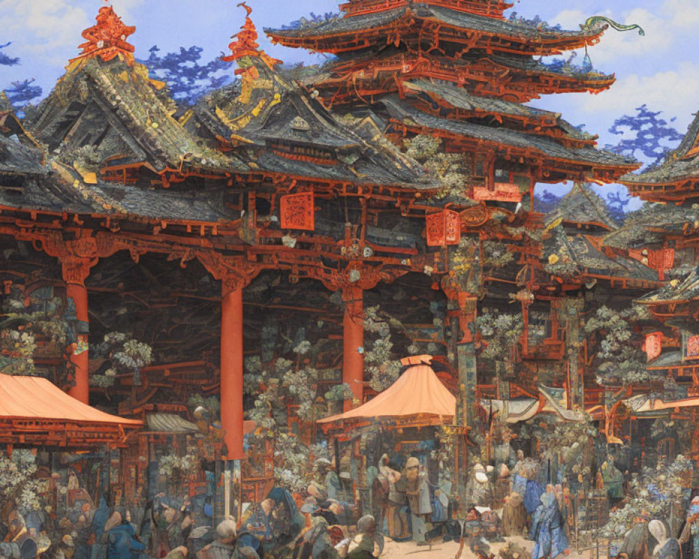 Detailed illustration of vibrant historic Asian market scene