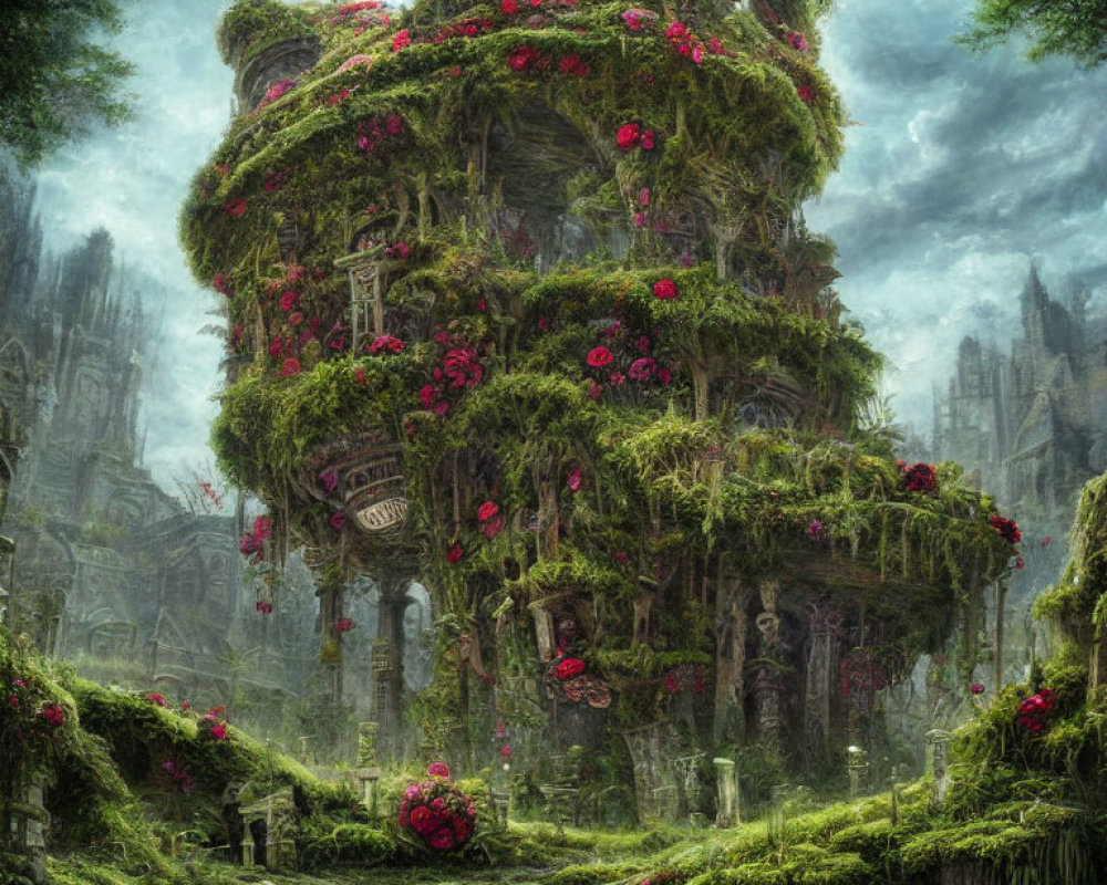 Overgrown tower with vines and red flowers in misty forest