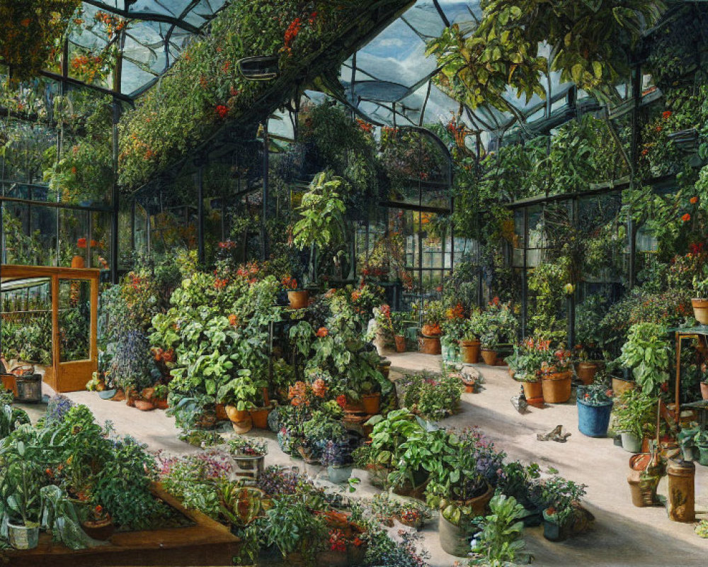 Greenhouse with assorted plants, flowers, and hanging baskets under glass roof