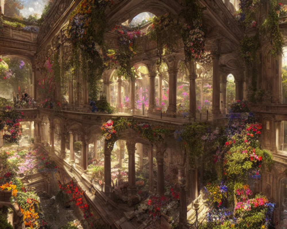 Sunlit grand hall overtaken by colorful flowers and foliage