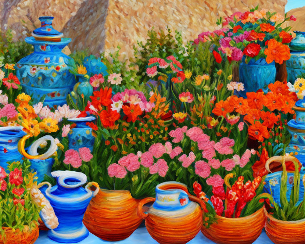 Colorful Flowers and Ceramic Pots in Blue and Terracotta Against Rocky Backdrop