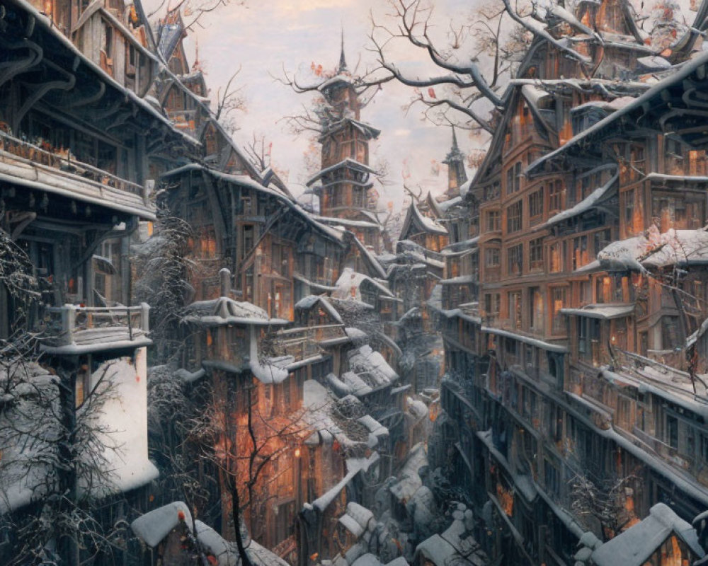 Snow-covered Street with Old Timber Buildings at Twilight