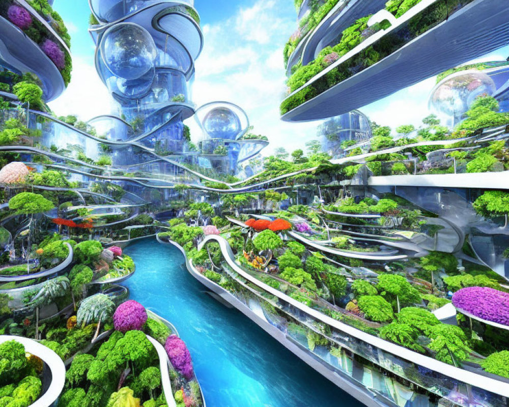 Futuristic cityscape with greenery, waterways, and glass structures