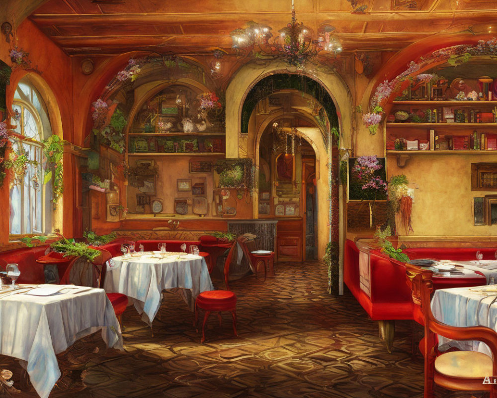 Vintage Restaurant Interior with Red Chairs and Ornate Decor