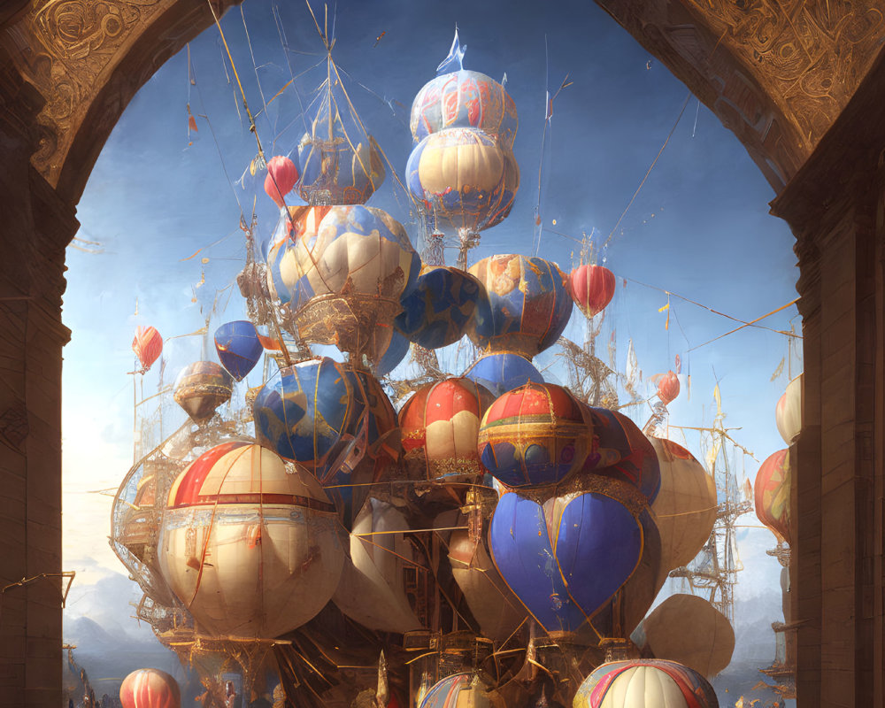 Vibrant hot air balloons ascending through ornate stone archway
