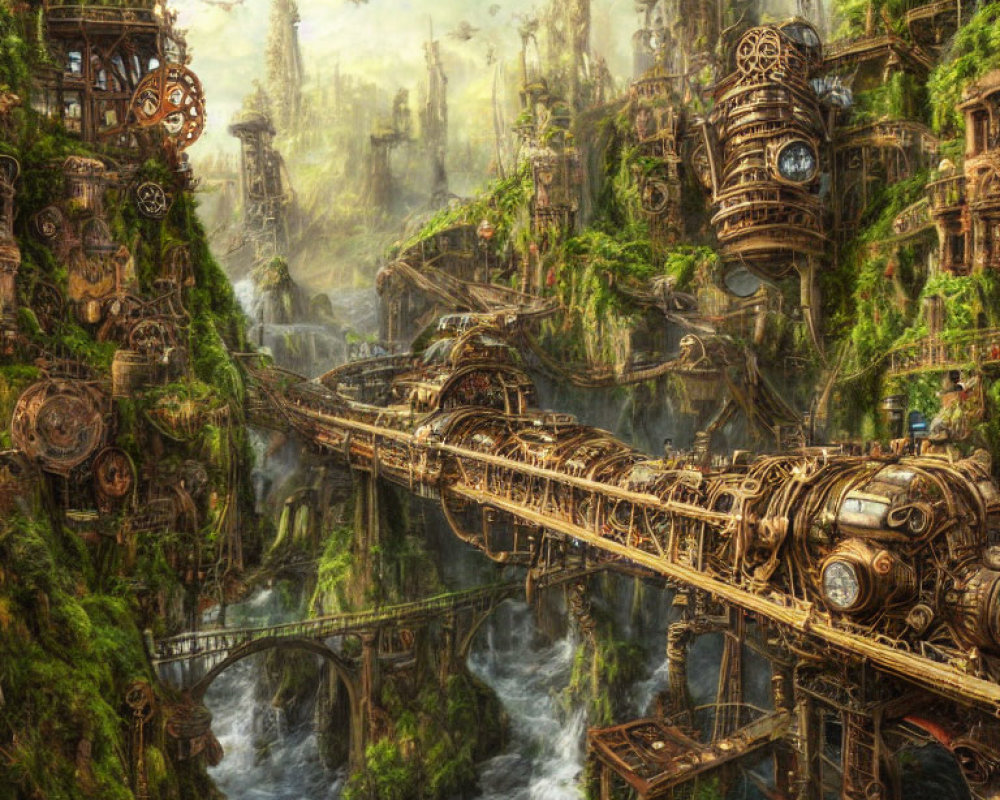 Steampunk city with intricate machinery and lush greenery, gears, pipes, train crossing bridge.