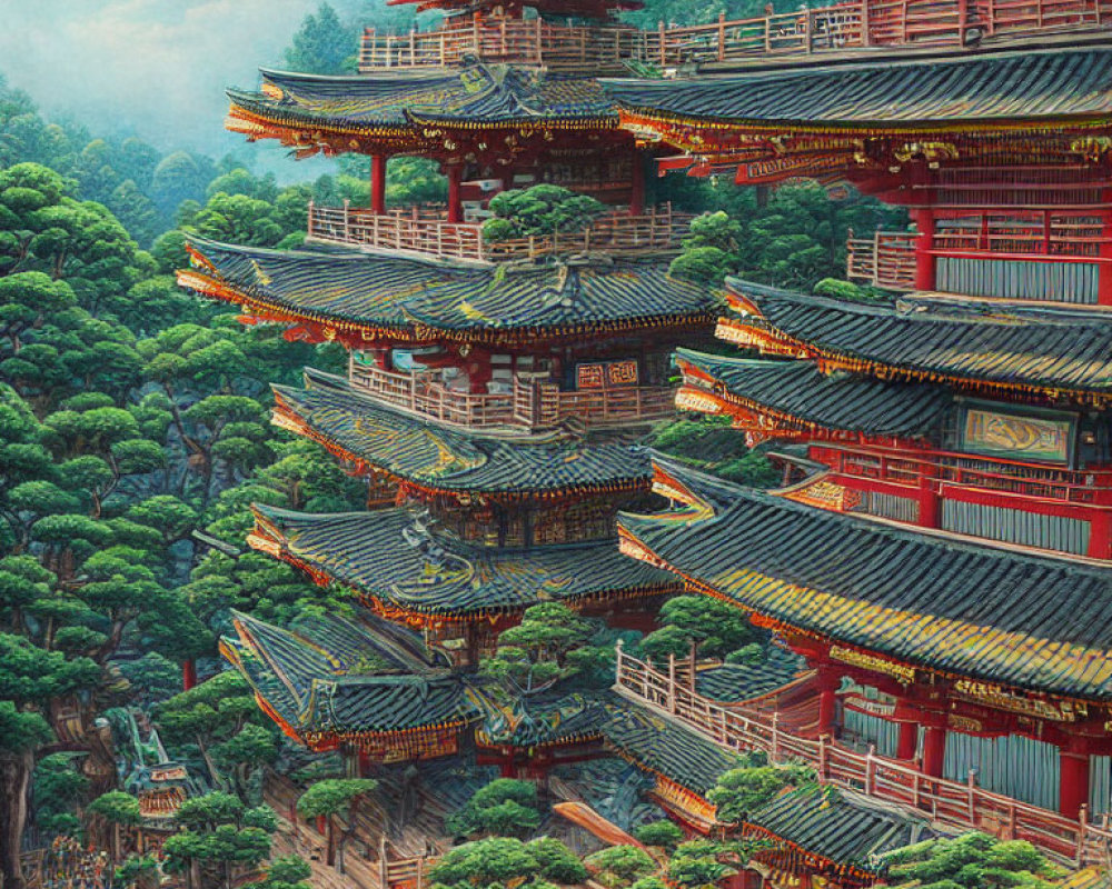 Red and Gold Pagoda in Green Forest with East Asian Architecture