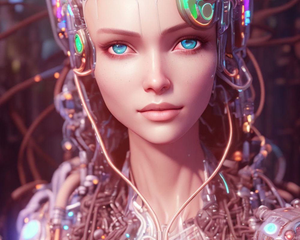 Female android portrait with blue eyes and futuristic technology against wire background