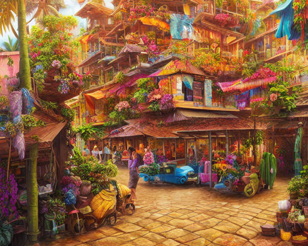 Colorful market scene with stalls, greenery, people, and old blue car in sunny setting
