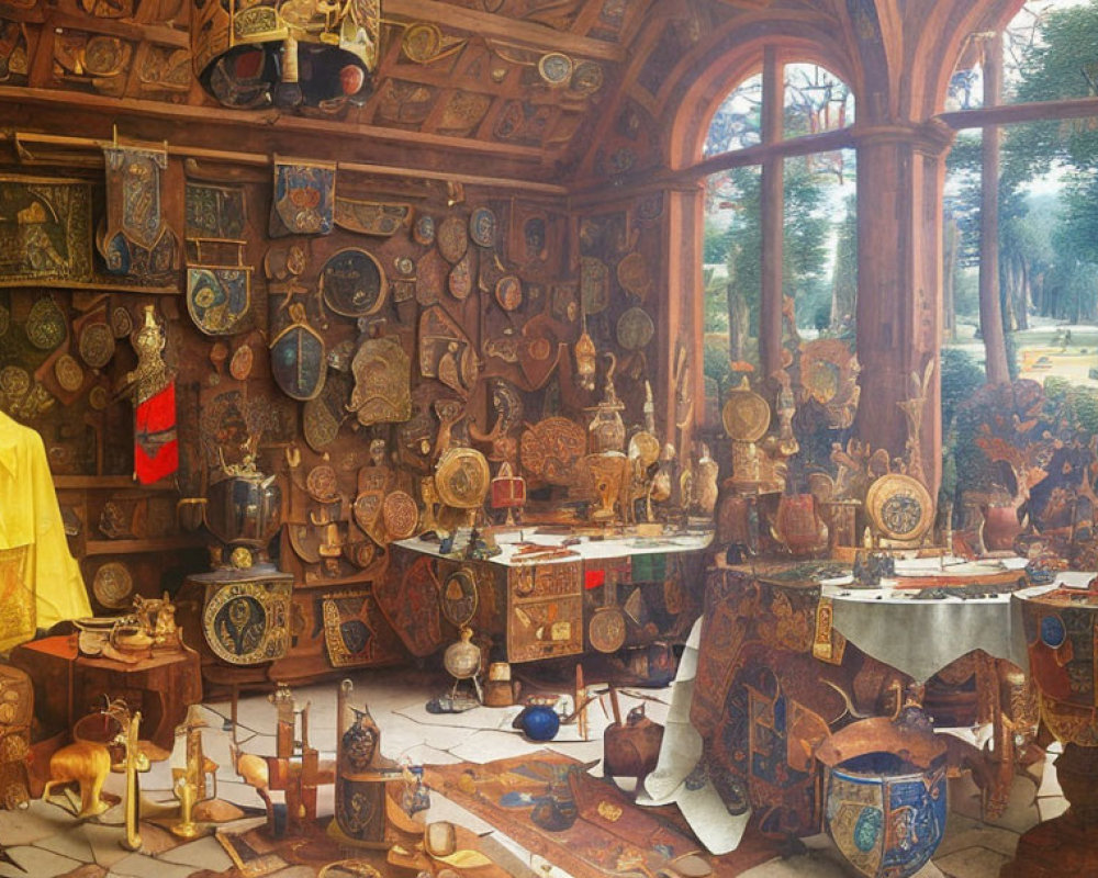 Renaissance room with shields, armor, and artifacts overlooking garden
