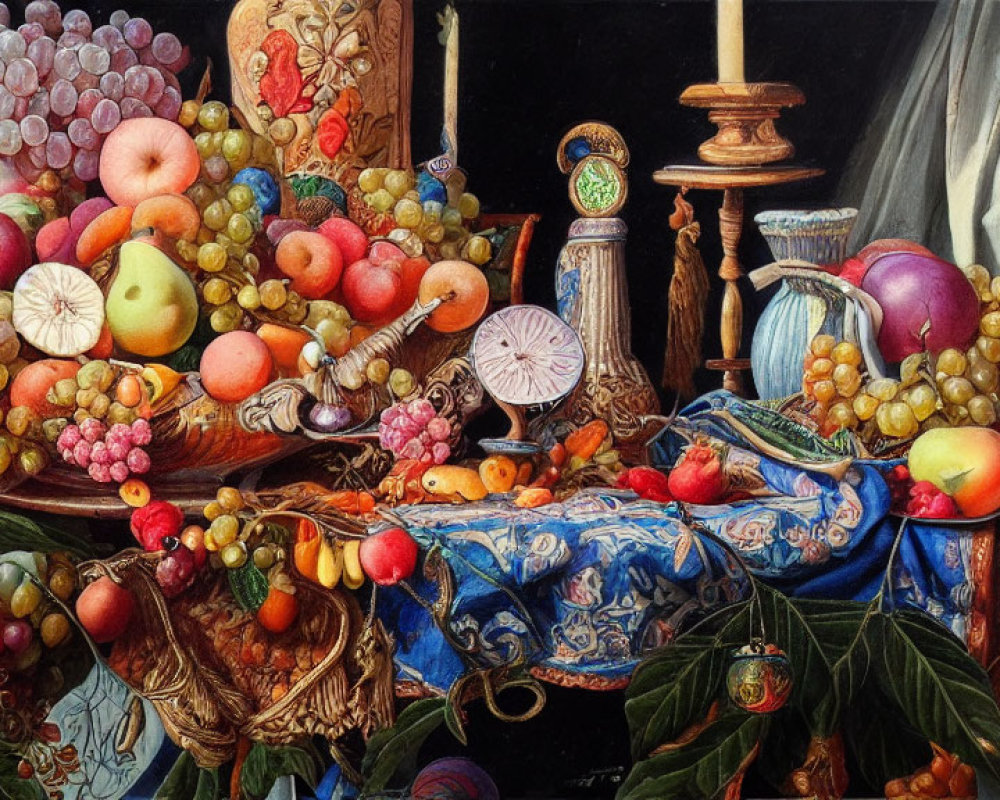 Colorful Fruit Still Life Painting with Draped Fabrics and Vessels